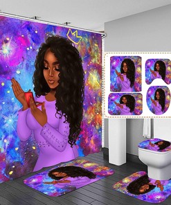 Purple And Black Bathroom Decor Set With African American Shower Curtain
