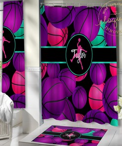 Purple And Pink Basketball Shower Curtain Set- Unique Basketball Bathroom Curtains For Girls And Boys