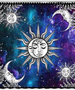 Purple Blue Burning Sun Moon Stars Mystical Medallion Shower Curtain for a Boho Chic Bathroom