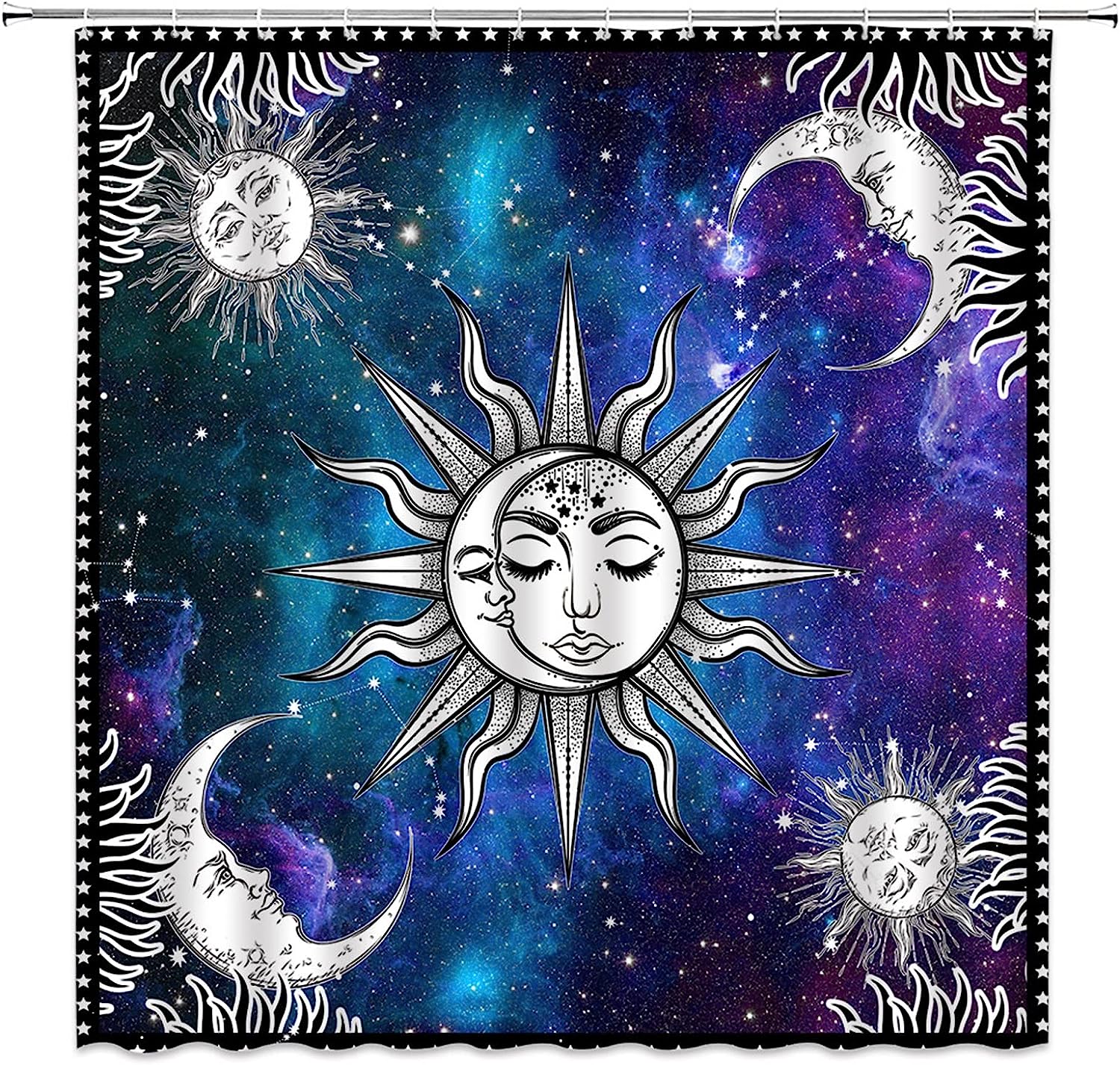 Purple Blue Burning Sun Moon Stars Mystical Medallion Shower Curtain for a Boho Chic Bathroom