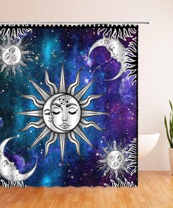 Purple Blue Burning Sun Moon Stars Mystical Medallion Shower Curtain for a Boho Chic Bathroom
