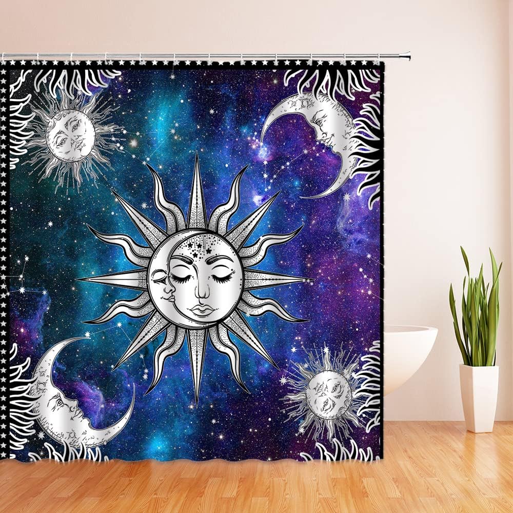 Purple Blue Burning Sun Moon Stars Mystical Medallion Shower Curtain for a Boho Chic Bathroom