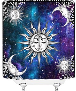 Purple Blue Burning Sun Moon Stars Mystical Medallion Shower Curtain for a Boho Chic Bathroom