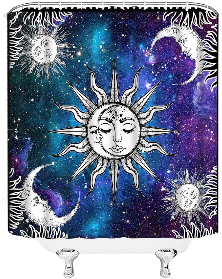 Purple Blue Burning Sun Moon Stars Mystical Medallion Shower Curtain for a Boho Chic Bathroom