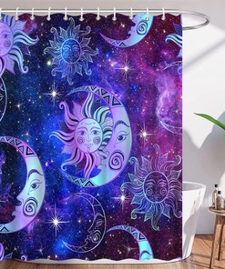 Purple Blue Burning Sun and Moon Mandala Shower Curtain with Stars, Celestial Fantasy Universe