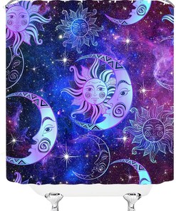 Purple Blue Burning Sun and Moon Mandala Shower Curtain with Stars, Celestial Fantasy Universe