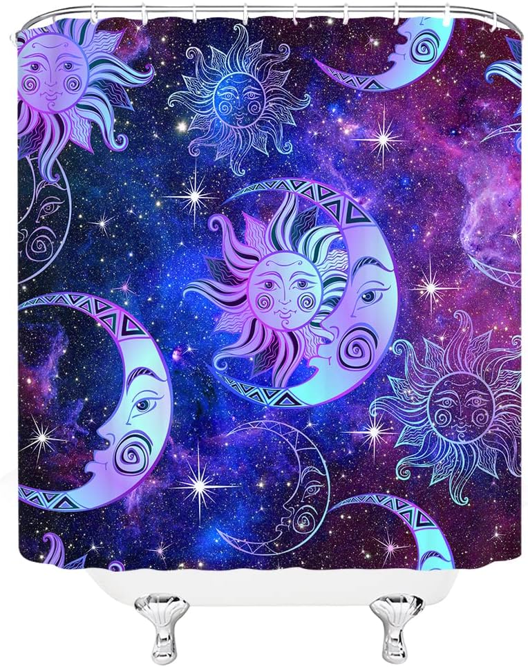 Purple Blue Burning Sun and Moon Mandala Shower Curtain with Stars, Celestial Fantasy Universe