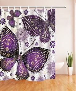 Purple Butterfly And Flower Waterproof Fabric Shower Curtain For Beautiful Bathroom Decor
