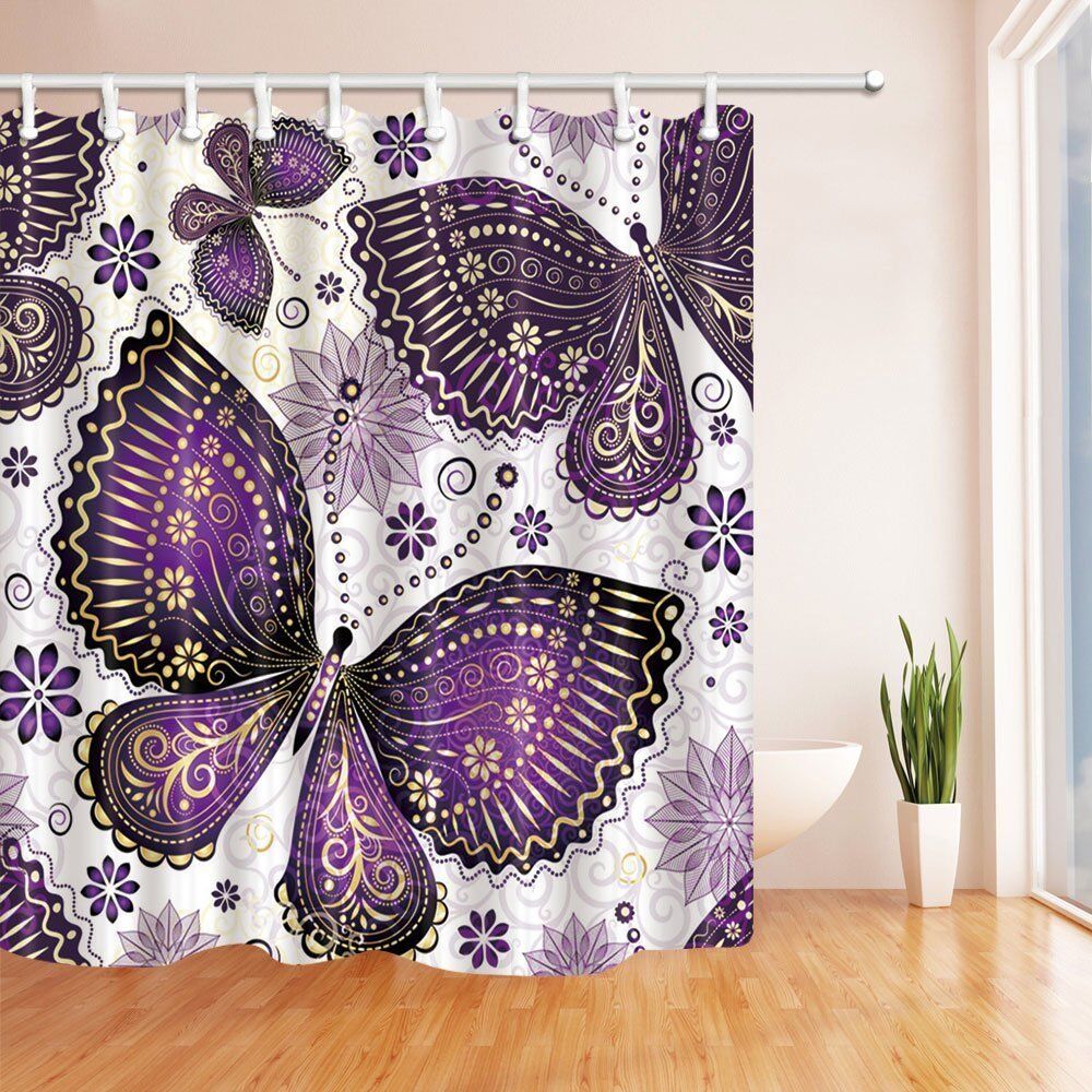 Purple Butterfly And Flower Waterproof Fabric Shower Curtain For Beautiful Bathroom Decor