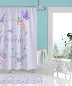 Purple Butterfly Bathroom Shower Curtain for Girl's Bathroom Decor- Personalized and Toddler-friendly