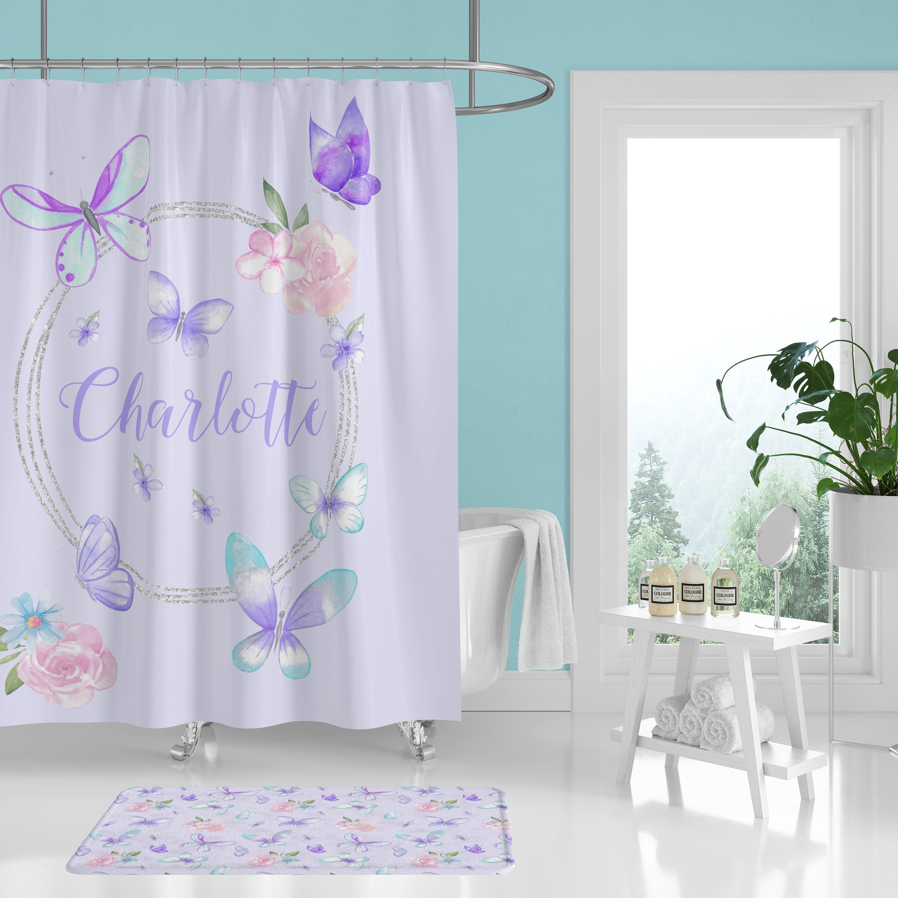 Purple Butterfly Bathroom Shower Curtain for Girl's Bathroom Decor- Personalized and Toddler-friendly