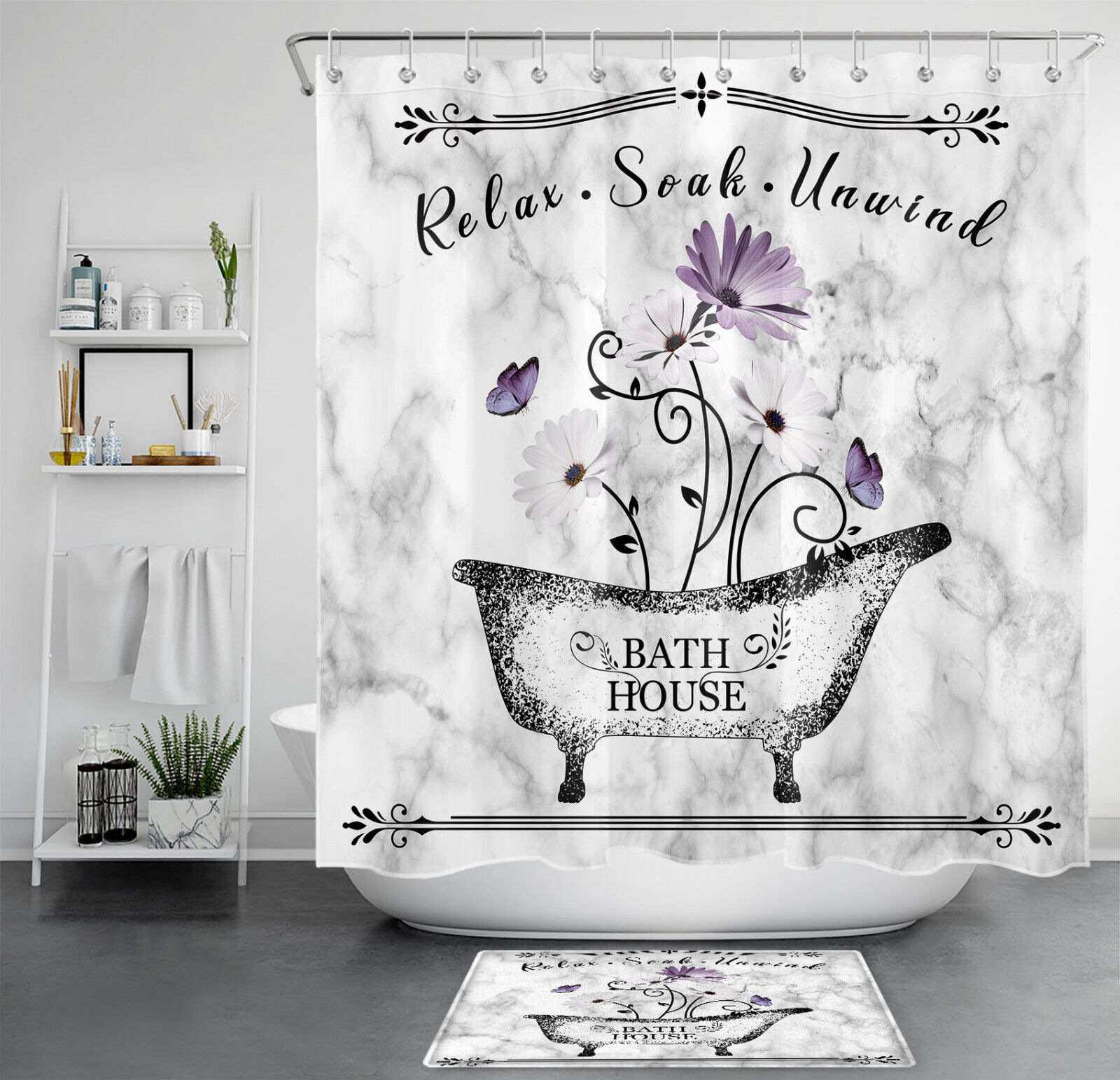 Purple Butterfly Marble Shower Curtain For A Unique Bathroom Decor