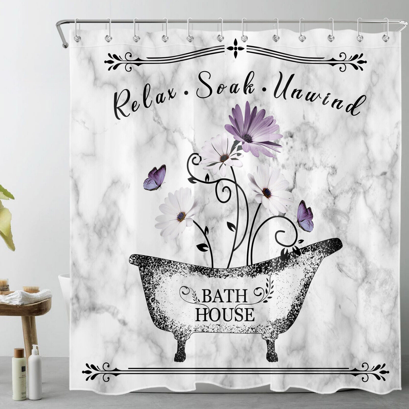 Purple Butterfly Marble Shower Curtain For A Unique Bathroom Decor