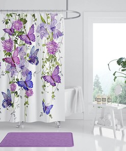 Purple Butterfly Shower Curtain, Rustic Floral Bathroom Decoration