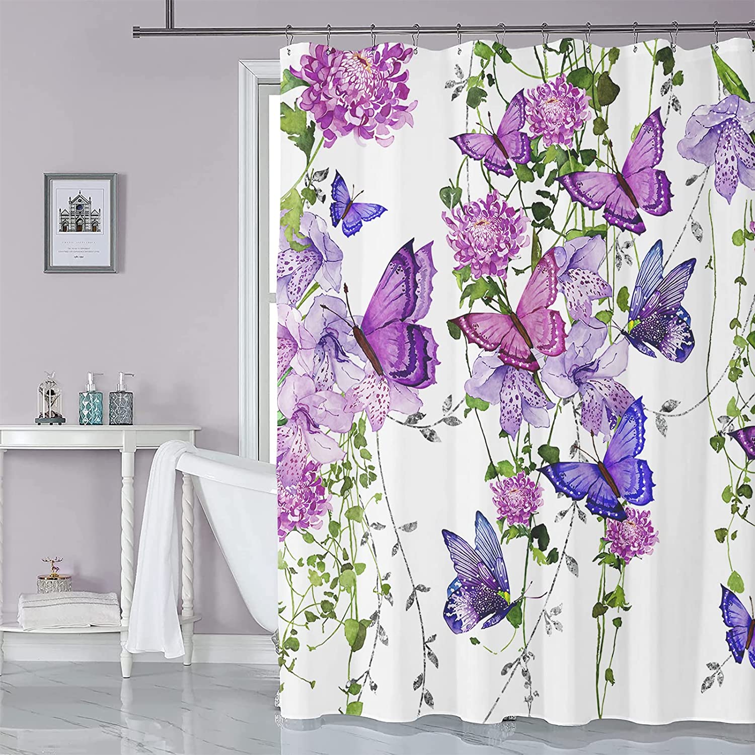 Purple Butterfly Shower Curtain, Rustic Floral Bathroom Decoration - Image 2