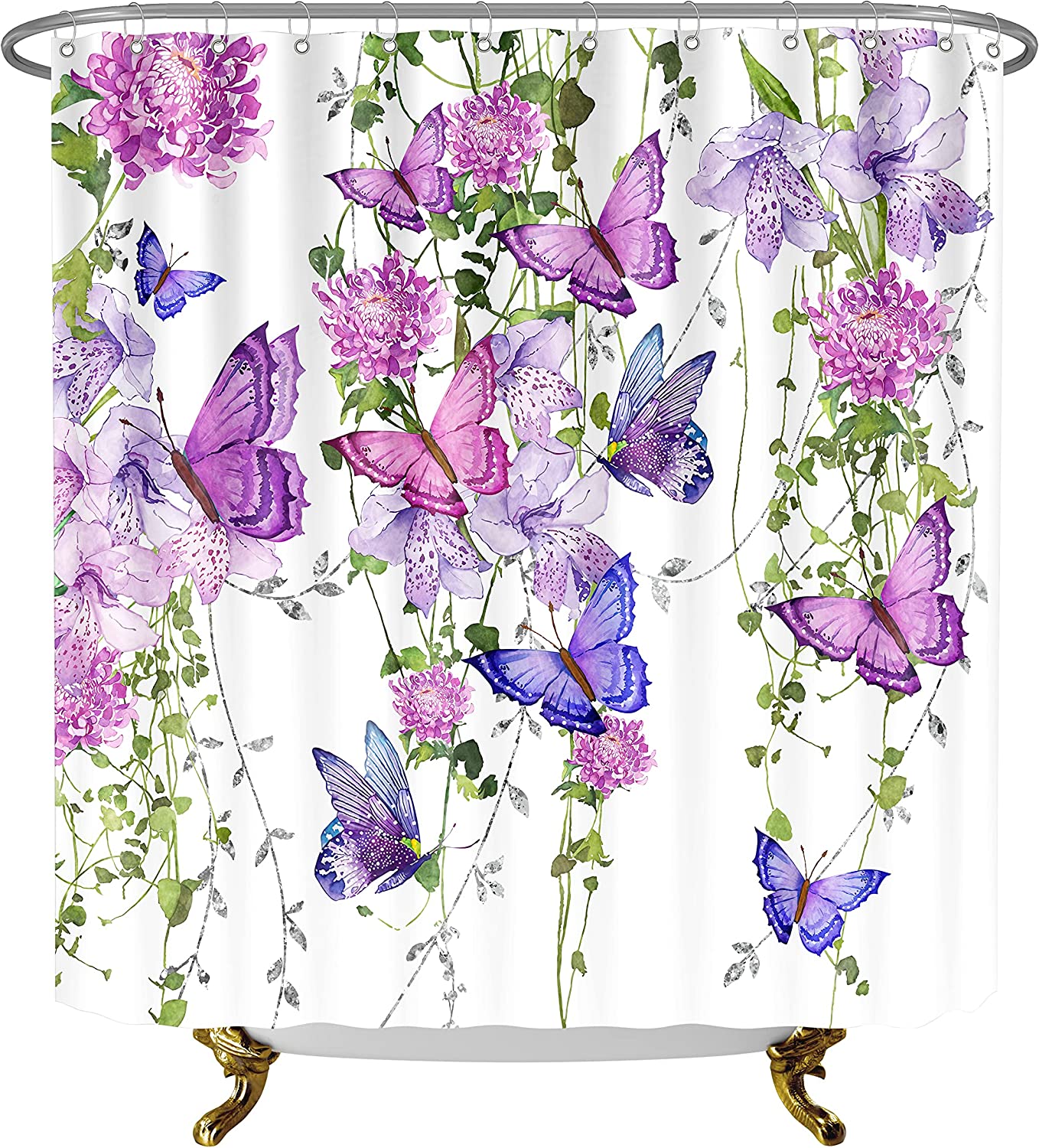 Purple Butterfly Shower Curtain, Rustic Floral Bathroom Decoration - Image 3