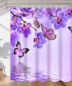 Purple Butterfly and Floral Print Shower Curtain Fabric Bathroom Decor Waterproof 