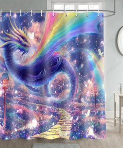 Purple Dragon Shower Curtain With Colorful Wings Fantasy Landscape Wonderland Fairy Tale Bath Decor For Bathroom Curtain