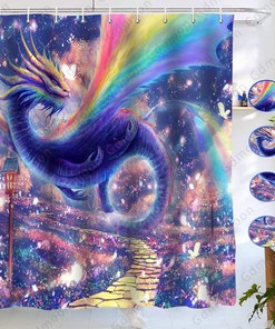 Purple Dragon Shower Curtain With Colorful Wings Fantasy Landscape Wonderland Fairy Tale Bath Decor For Bathroom Curtain