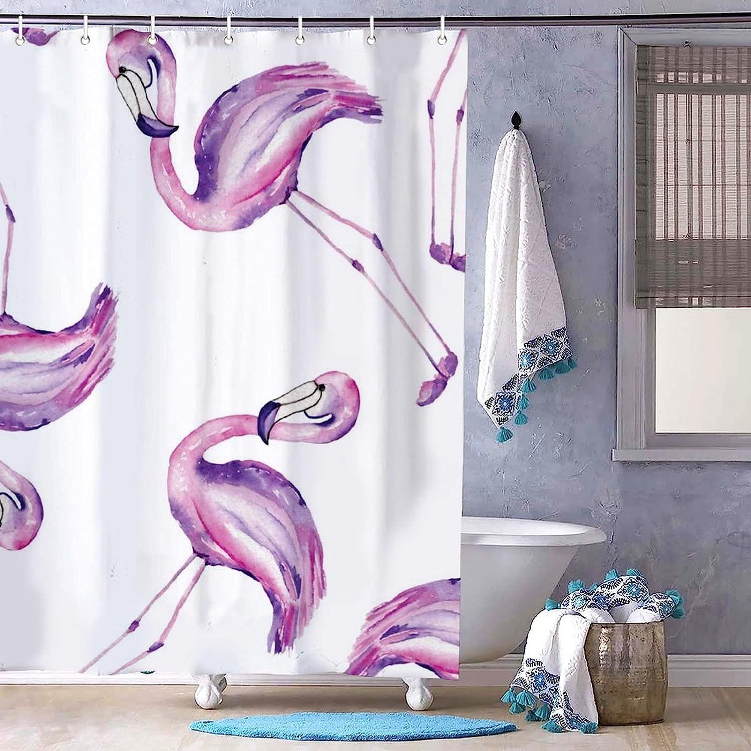 Purple Flamingos in a Row Fabric Shower Curtain for Bathroom Decor