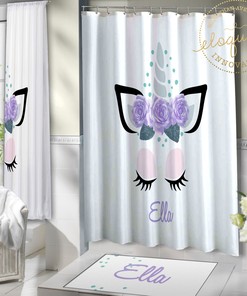 Purple Floral Unicorn Shower Curtain for Girl's Personalized Bathroom Decor