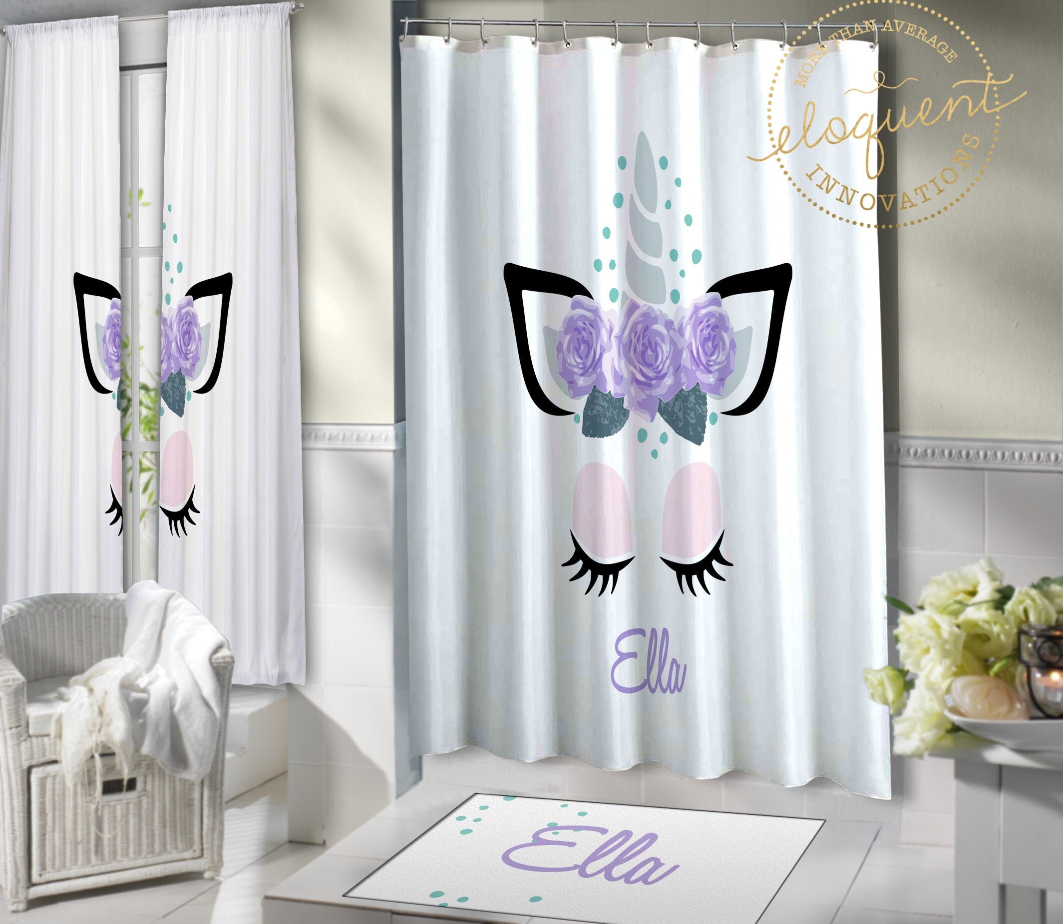 Purple Floral Unicorn Shower Curtain for Girl's Personalized Bathroom Decor
