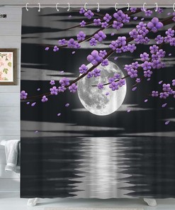 Purple Flower And Black White Full Moon Night Bathroom Decorative Bath Curtain,