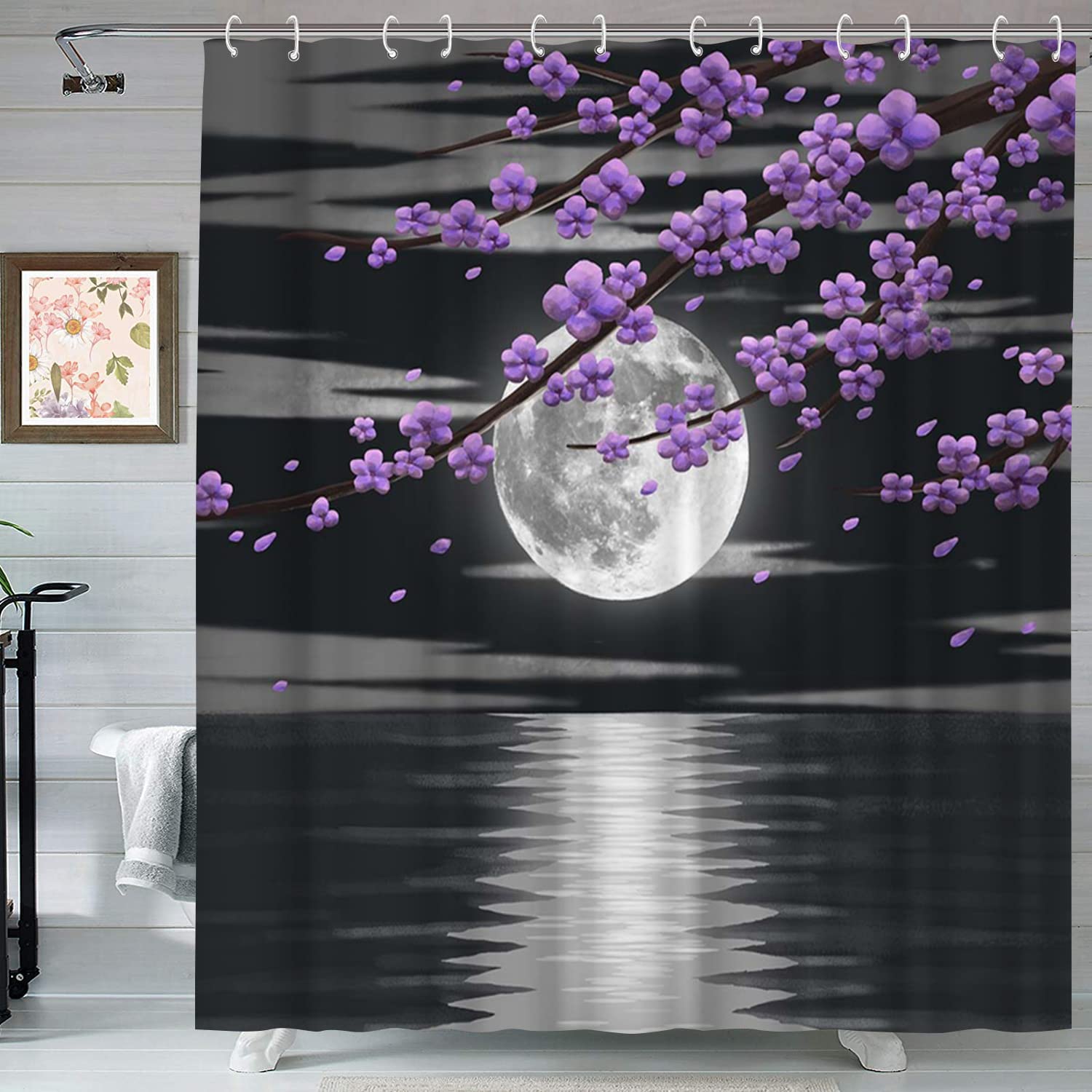 Purple Flower And Black White Full Moon Night Bathroom Decorative Bath Curtain,