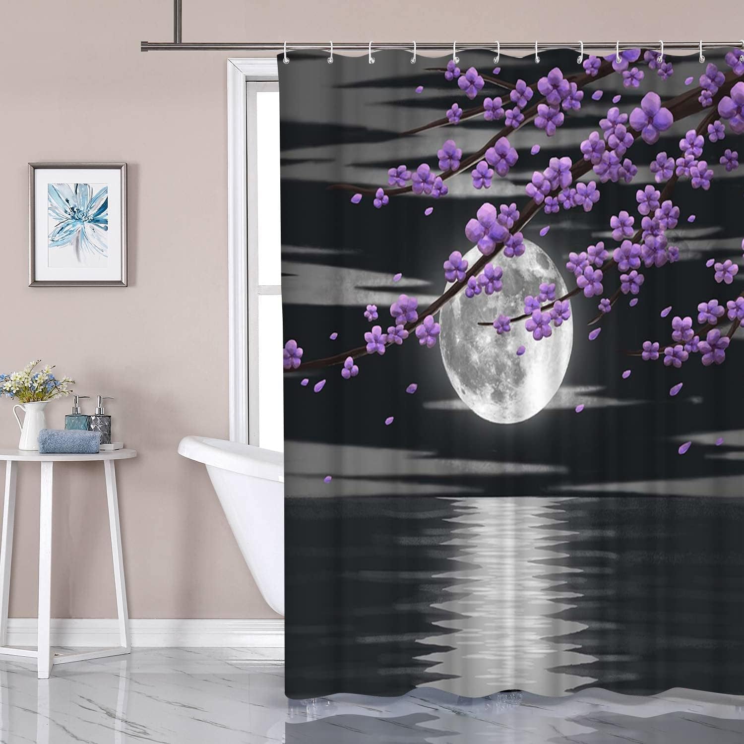 Purple Flower And Black White Full Moon Night Bathroom Decorative Bath Curtain, - Image 2