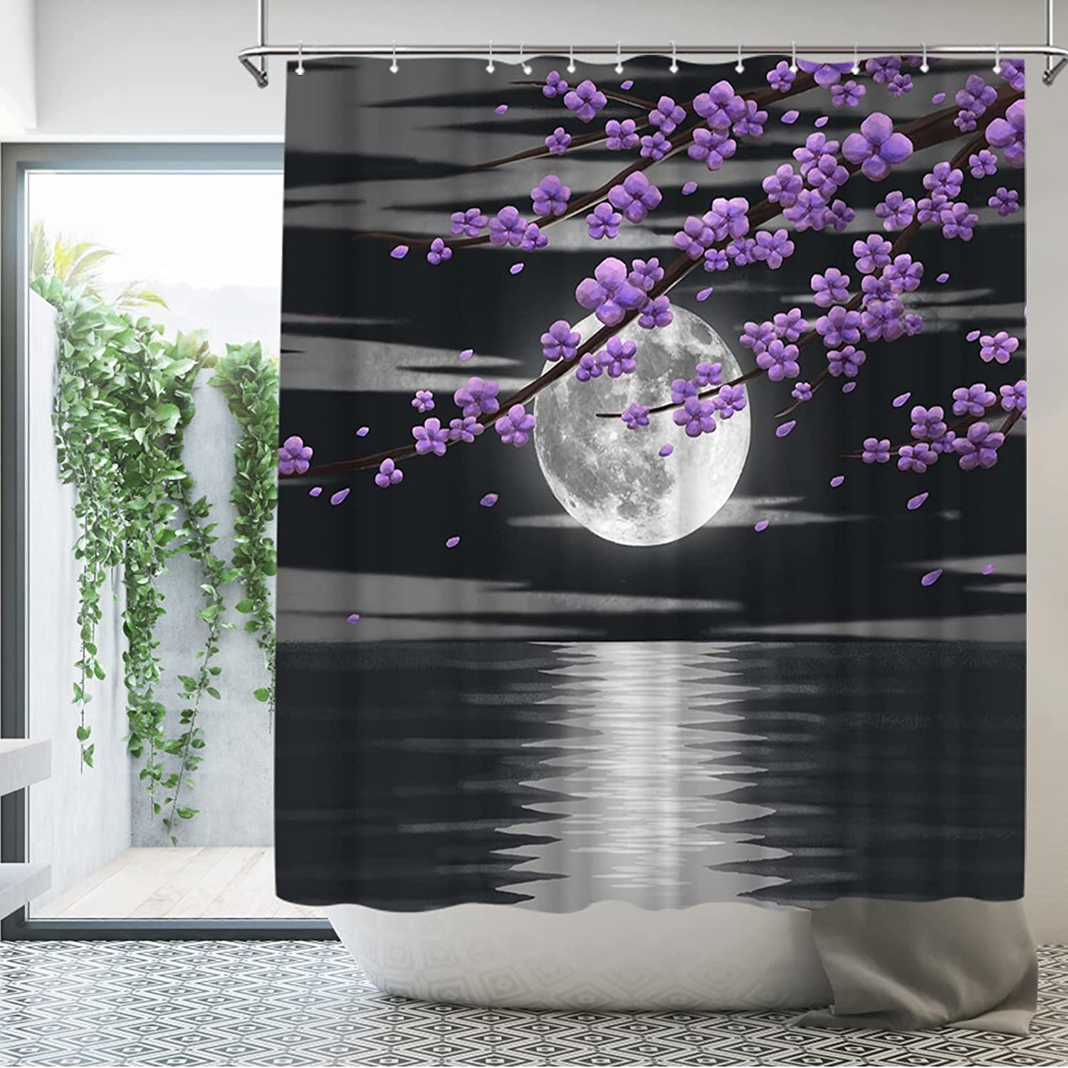 Purple Flower And Black White Full Moon Night Bathroom Decorative Bath Curtain, - Image 3