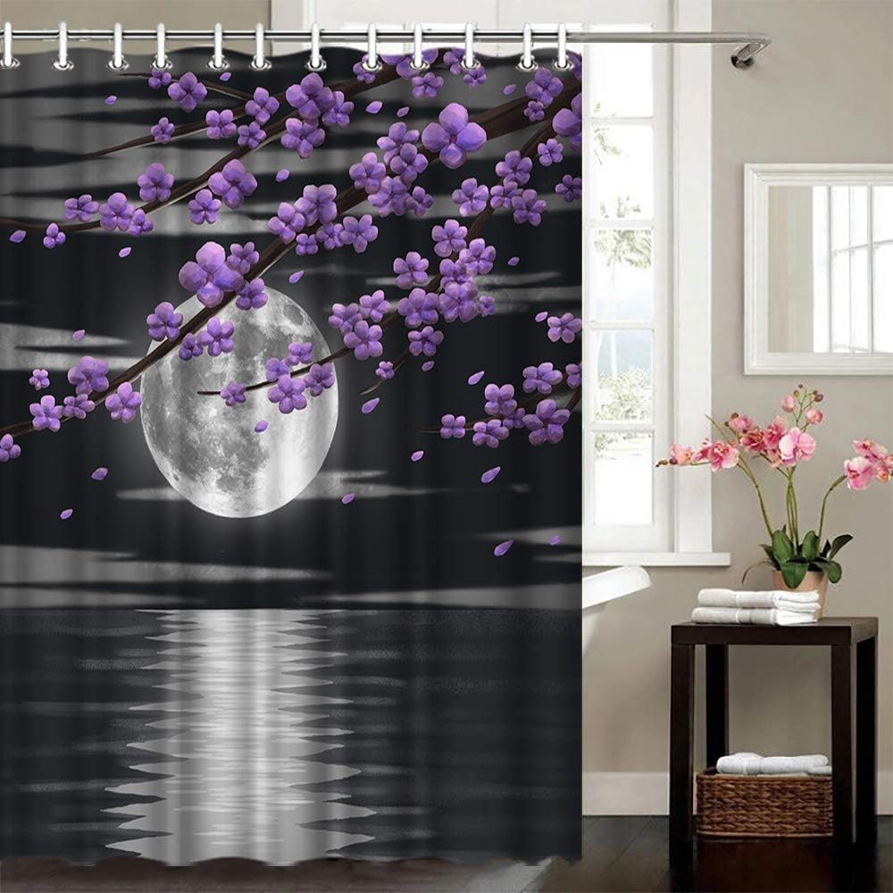 Purple Flower And Black White Full Moon Night Bathroom Decorative Bath Curtain, - Image 4