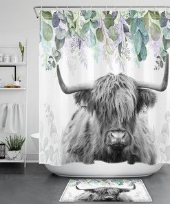 Purple Flower Botanical Highland Cow Shower Curtain and Bathroom Accessories Set