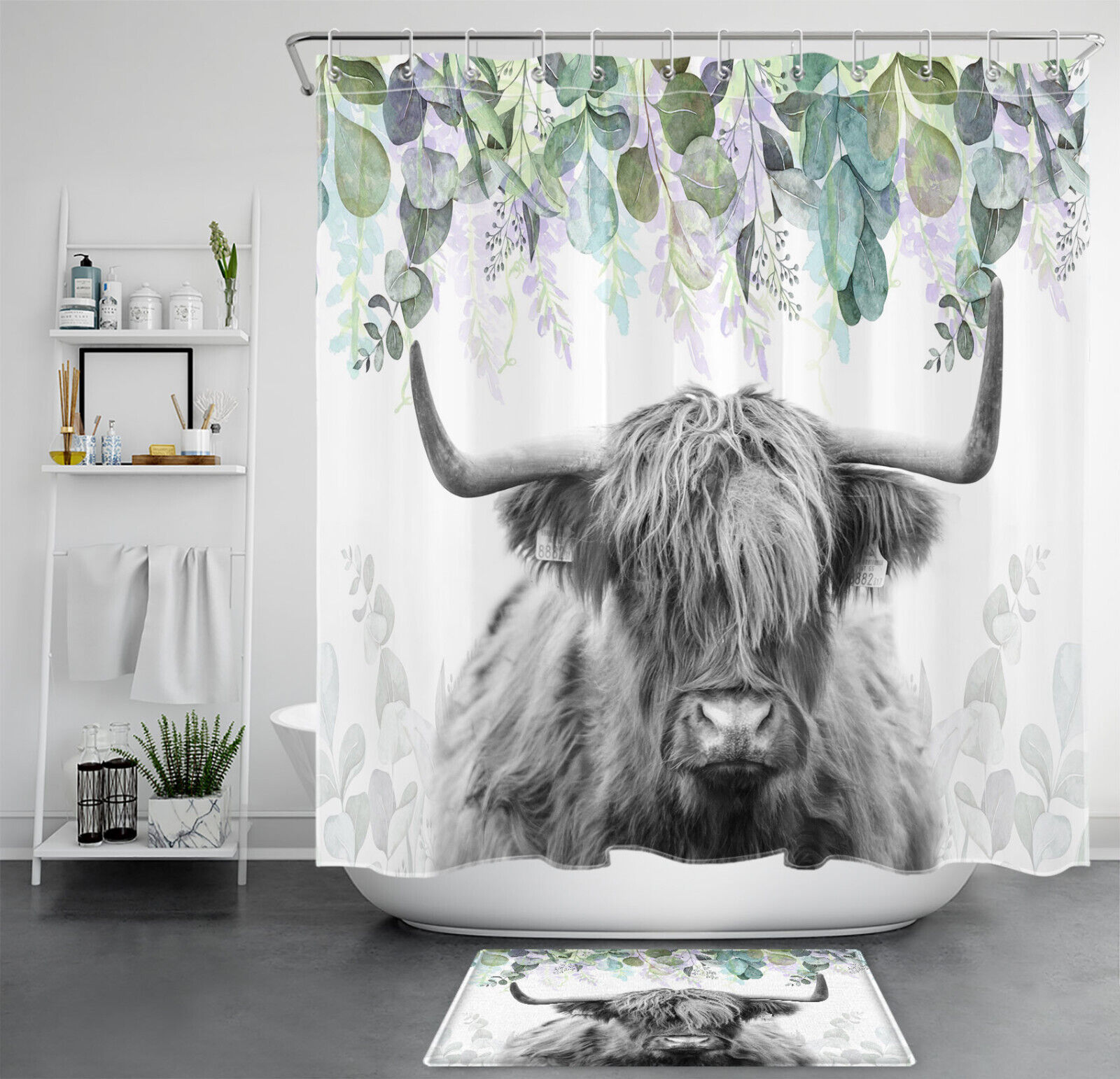 Purple Flower Botanical Highland Cow Shower Curtain and Bathroom Accessories Set
