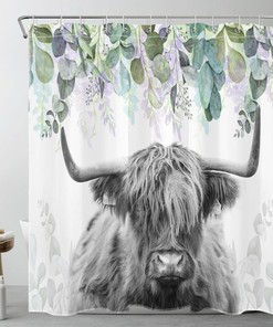 Purple Flower Botanical Highland Cow Shower Curtain and Bathroom Accessories Set