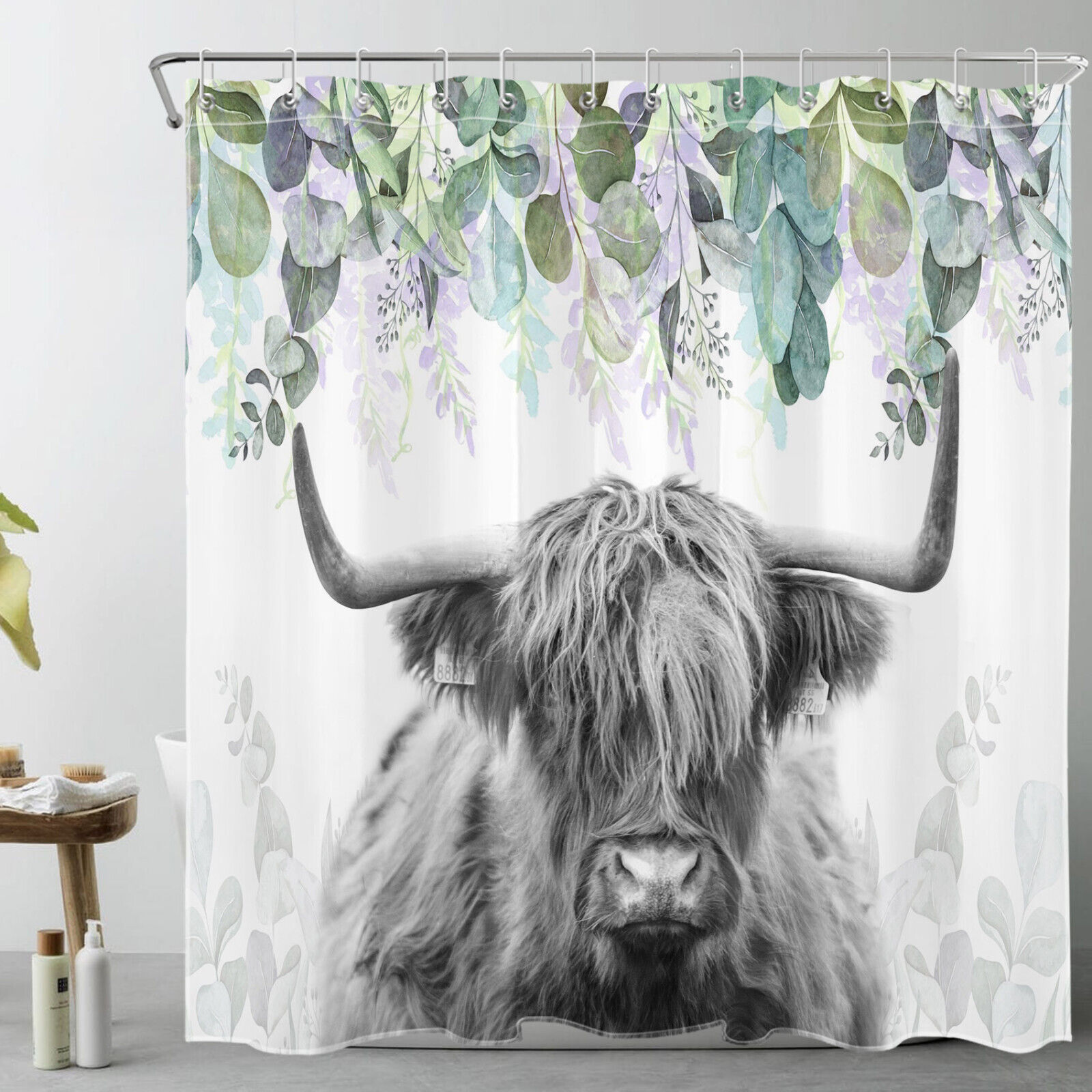 Purple Flower Botanical Highland Cow Shower Curtain and Bathroom Accessories Set