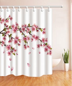 Purple Flower Butterfly Green Leaf Shower Curtain with Waterproof Fabric 