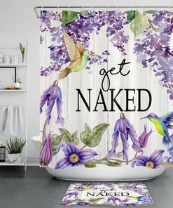 Purple Flower Hummingbird Shower Curtain with Farmhouse Planks