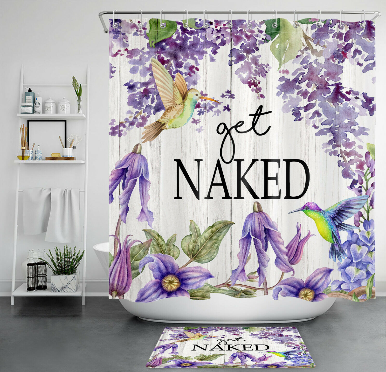 Purple Flower Hummingbird Shower Curtain with Farmhouse Planks