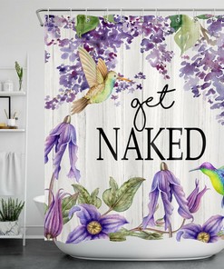 Purple Flower Hummingbird Shower Curtain with Farmhouse Planks