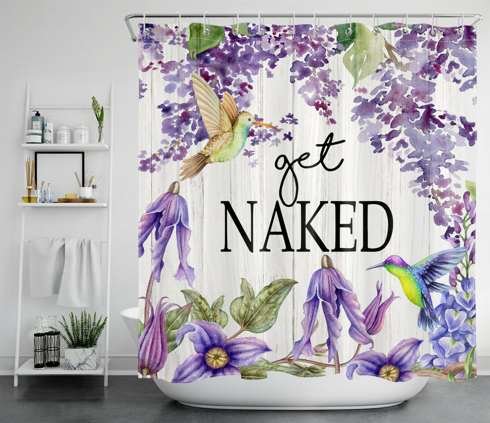 Purple Flower Hummingbird Shower Curtain with Farmhouse Planks