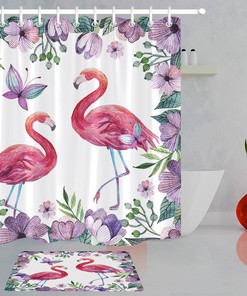 Purple Flowers And Butterflies Spring To Life On Flamingo Shower Curtain - Transform Your Bathroom Decor