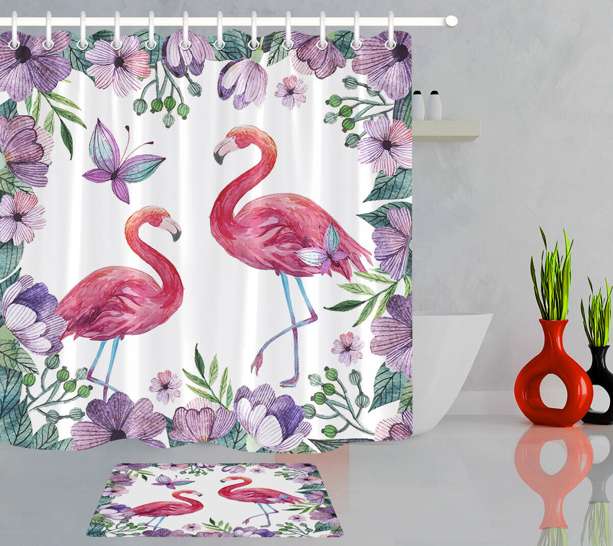 Purple Flowers And Butterflies Spring To Life On Flamingo Shower Curtain - Transform Your Bathroom Decor