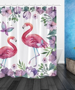Purple Flowers And Butterflies Spring To Life On Flamingo Shower Curtain - Transform Your Bathroom Decor