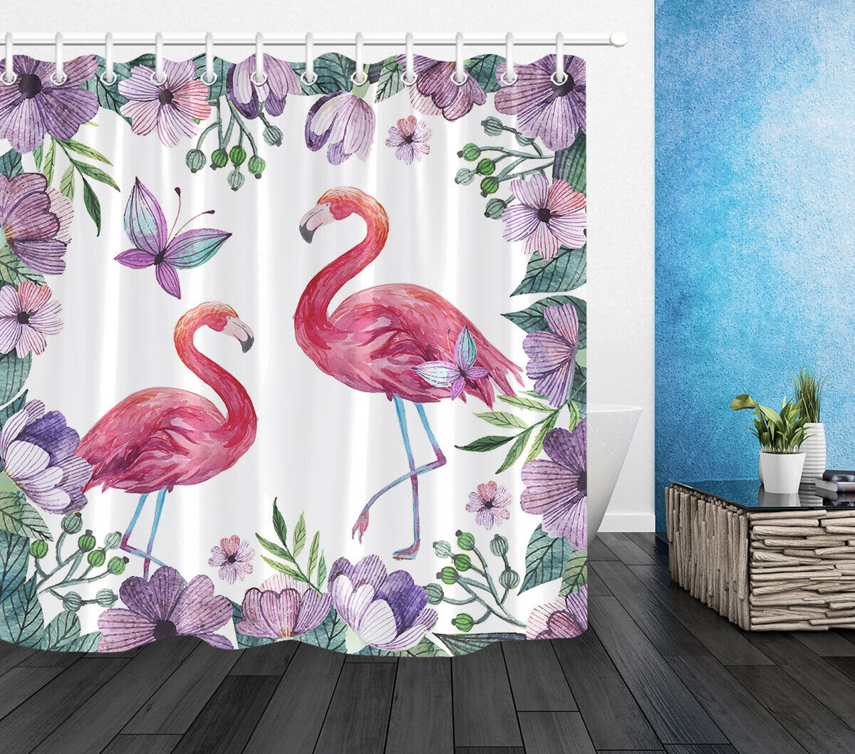 Purple Flowers And Butterflies Spring To Life On Flamingo Shower Curtain - Transform Your Bathroom Decor