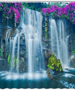 Purple Flowers Green Forest Jungle Shower Curtain - Waterfall Rainbow Nature Scenic Landscape