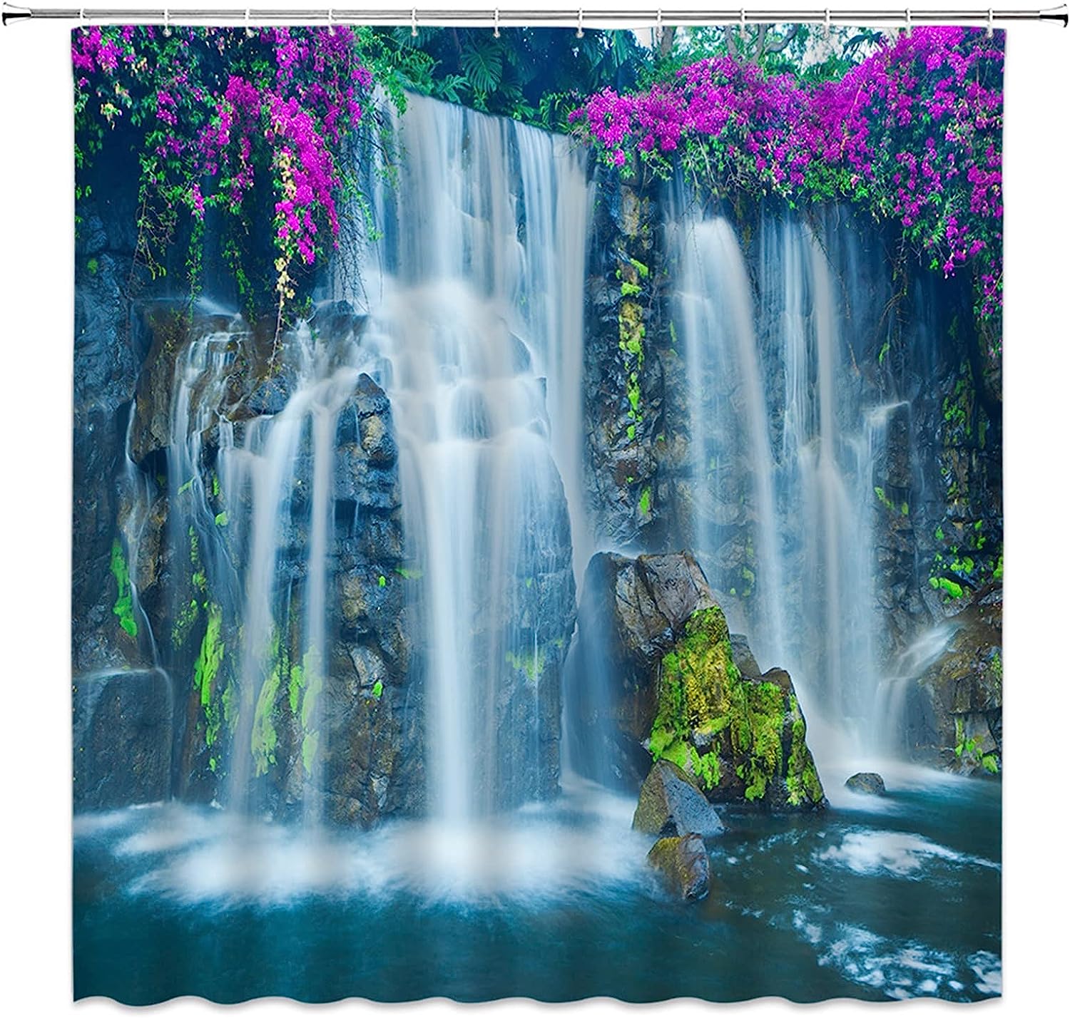 Purple Flowers Green Forest Jungle Shower Curtain - Waterfall Rainbow Nature Scenic Landscape
