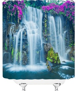Purple Flowers Green Forest Jungle Shower Curtain - Waterfall Rainbow Nature Scenic Landscape
