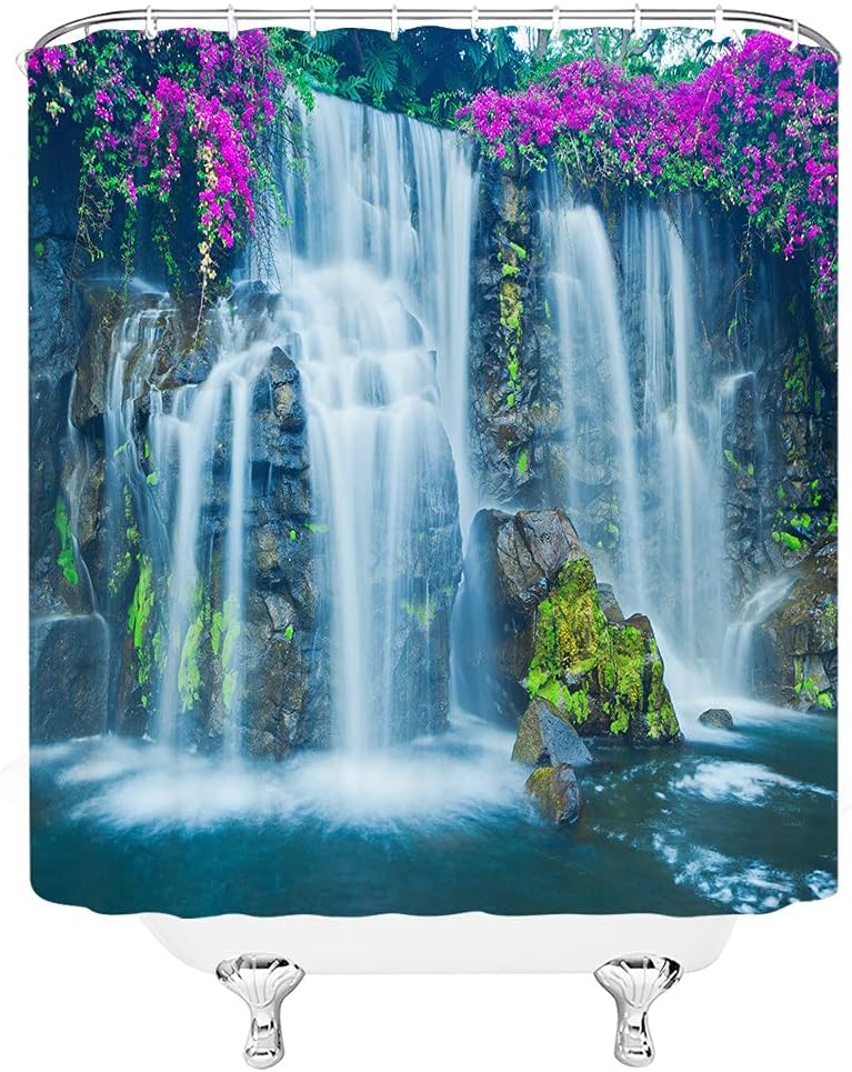 Purple Flowers Green Forest Jungle Shower Curtain - Waterfall Rainbow Nature Scenic Landscape