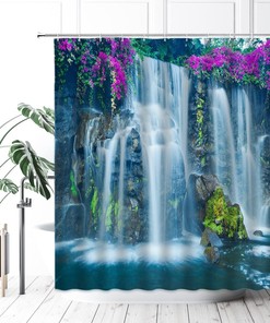 Purple Flowers Green Forest Jungle Shower Curtain - Waterfall Rainbow Nature Scenic Landscape