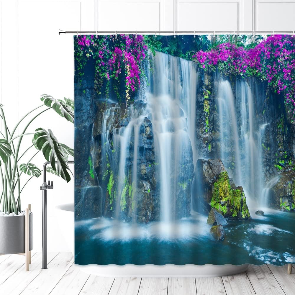 Purple Flowers Green Forest Jungle Shower Curtain - Waterfall Rainbow Nature Scenic Landscape